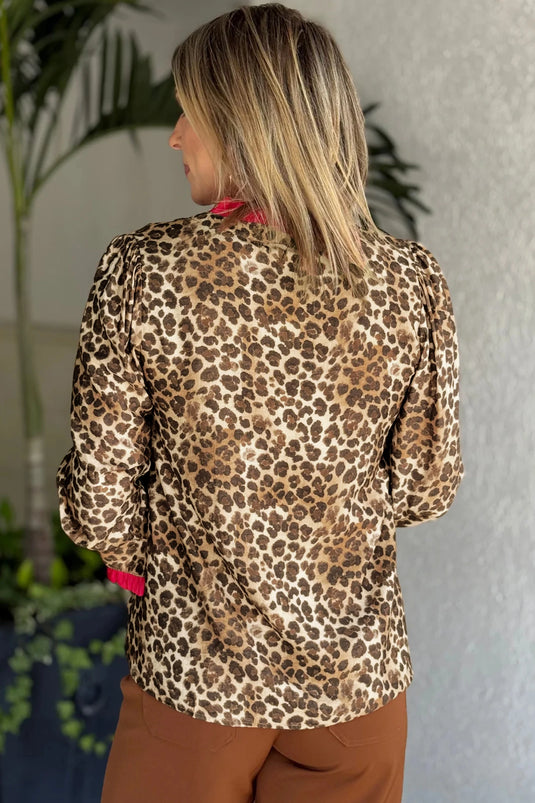 DLLS298 - Ladies Brown Fierce Leopard Allure Contrast Ruffle Trim V Neck Shirt