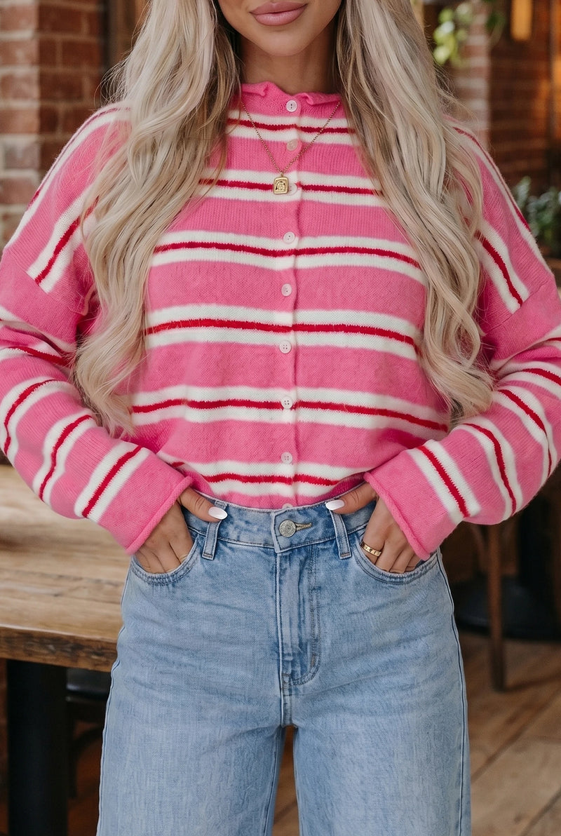 Load image into Gallery viewer, DLLS823 - Ladies Pink Stripe Striped Drop Shoulder Button Cardigan
