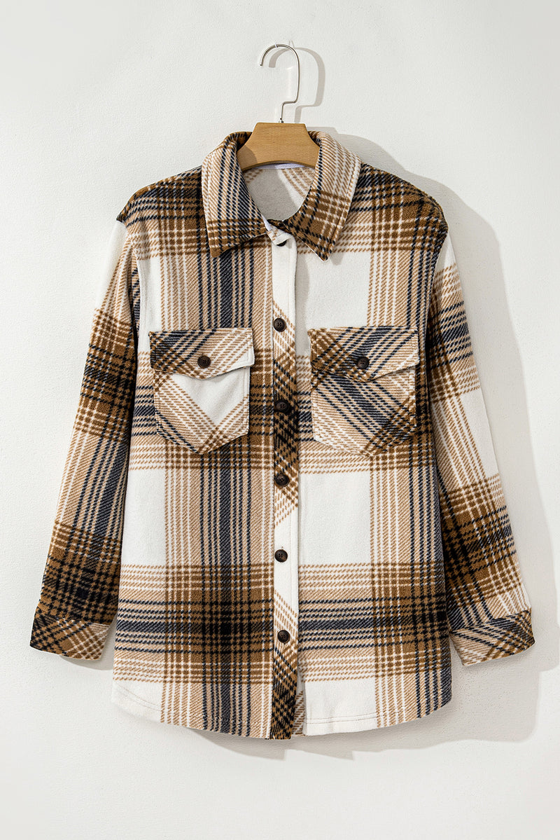 Load image into Gallery viewer, DLLS107 - Ladies Multicolour Plaid Print Flap Pocket Button Up Shacket
