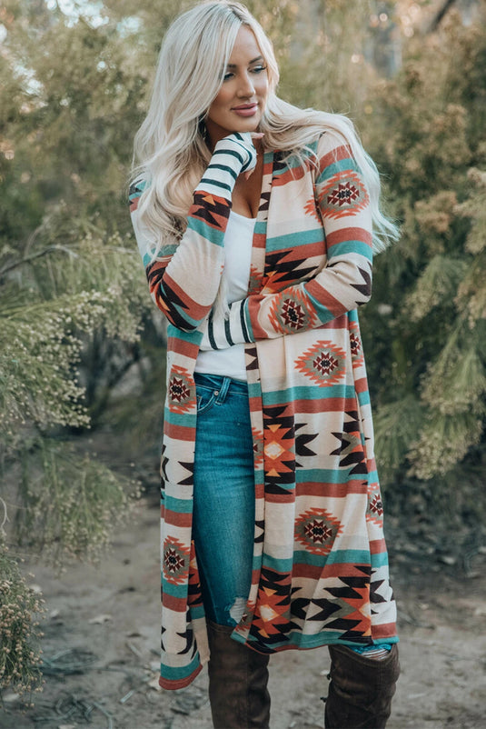 DLLS758 - Ladies Multicolor Geometric Color Block Open Front Long Cardigan