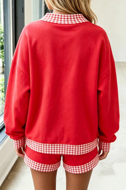 DLLS801 - Ladies Fiery Red Gingham Trim Baggy Pullover 2pcs Short Set