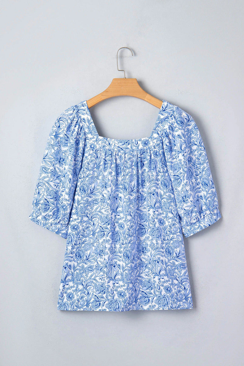Load image into Gallery viewer, DLLS936 - Ladies Sky Blue Square Neck Short Puff Sleeve Pleated Floral Blouse

