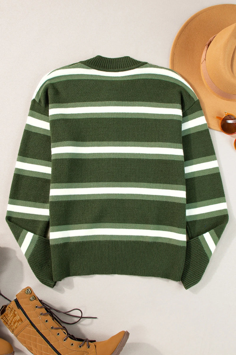 Load image into Gallery viewer, DLLS290 - Ladies Green Stripe Drop Shoulder Buttons Cardigan Sweater

