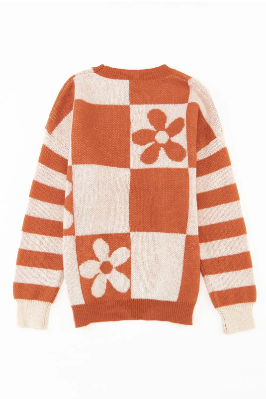DLLS142 - Ladies Brown Checkered Floral Print Striped Sleeve Sweater