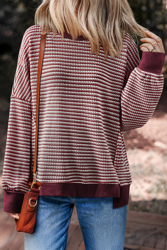 DLLS391 - Ladies Red Stripe Ribbed Trim Drop Shoulder Long Sleeve Oversize Top