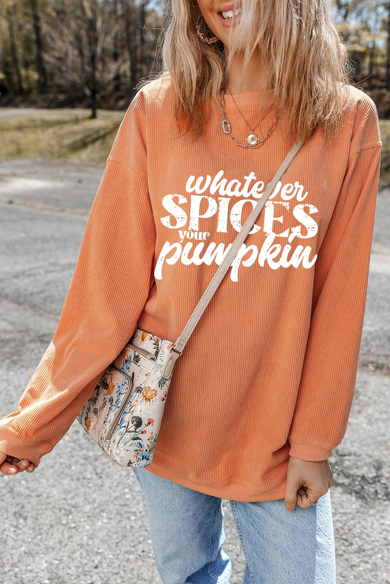 Load image into Gallery viewer, DLLS990 - Ladies Orange Whatever Spices Your Pumpkin Corded Pullover Sweatshirt
