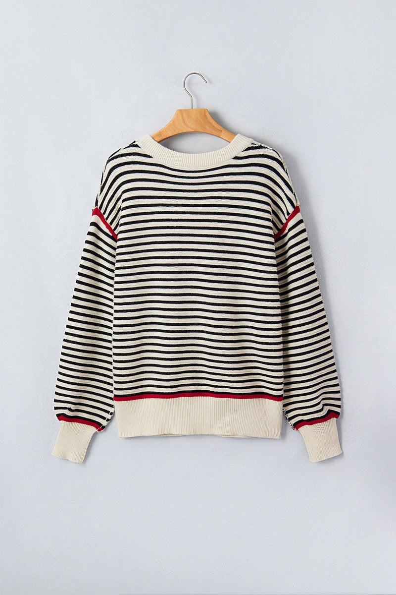 Load image into Gallery viewer, DLLS1082 - Ladies Black Stripe Ribbed Trim Drop Shoulder Oversized Sweater

