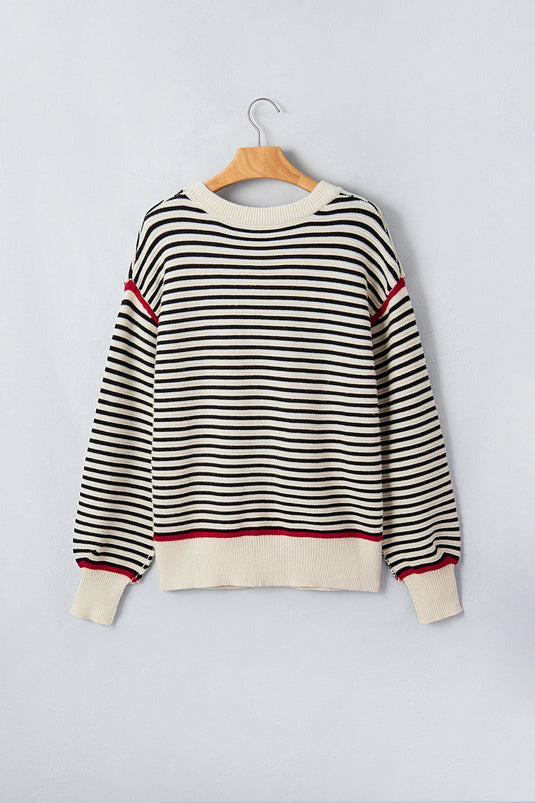DLLS1082 - Ladies Black Stripe Ribbed Trim Drop Shoulder Oversized Sweater