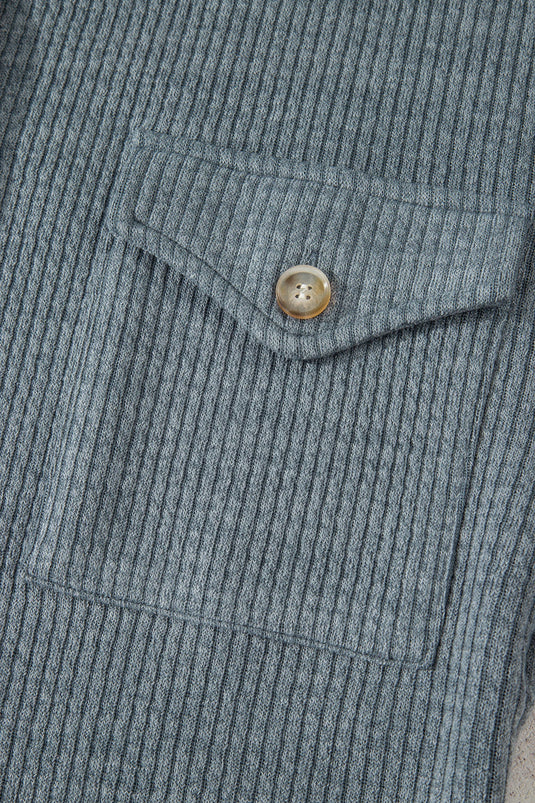 DLLS271 - Ladies Medium Grey Ribbed Knit Buttons Front Flap Pocket Casual Shacket
