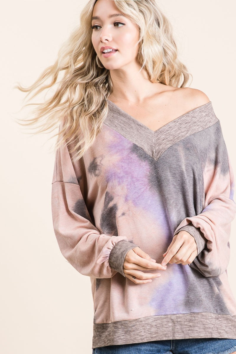 Load image into Gallery viewer, BIBI1- Ladies Tie Dye French Terry V Neck Top With Contrast Band

