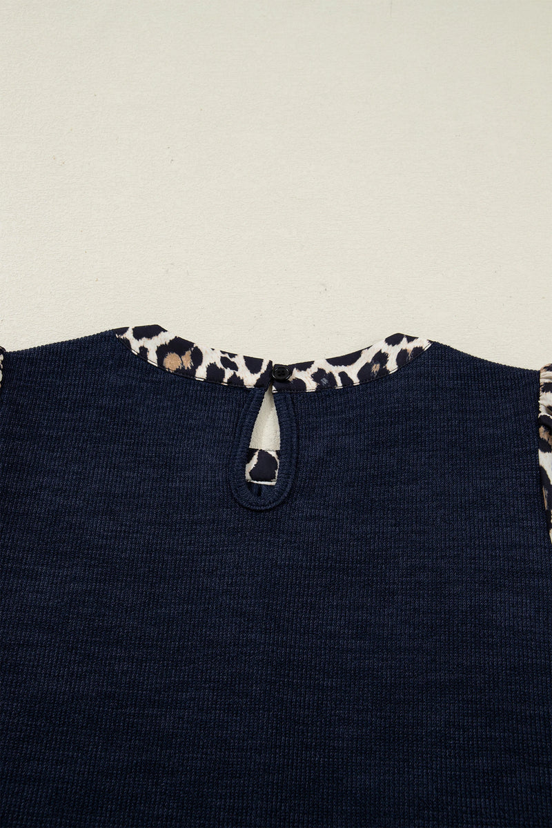 Load image into Gallery viewer, DLLS341 - Ladies Navy Blue Ribbed Contrast Leopard Patchwork Short Sleeve Top
