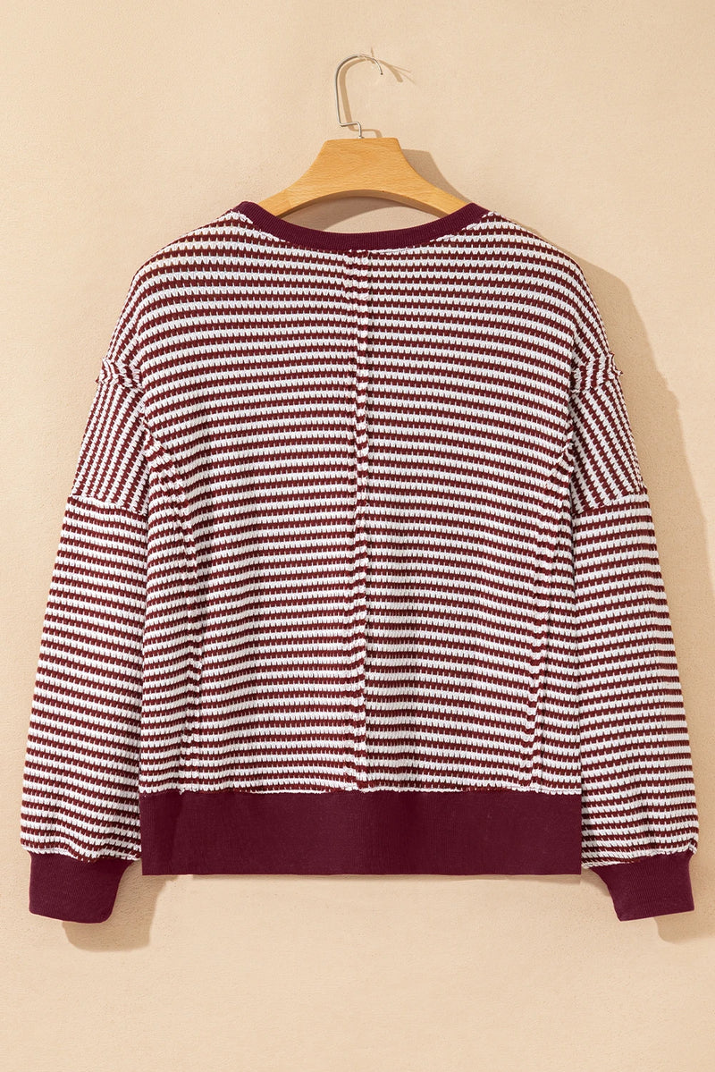 Load image into Gallery viewer, DLLS391 - Ladies Red Stripe Ribbed Trim Drop Shoulder Long Sleeve Oversize Top

