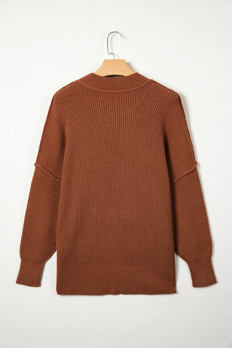 Load image into Gallery viewer, DLLS737 - Ladies Chestnut Long Sleeve Ribbed Knit Stand Neck Regular Fit Sweater
