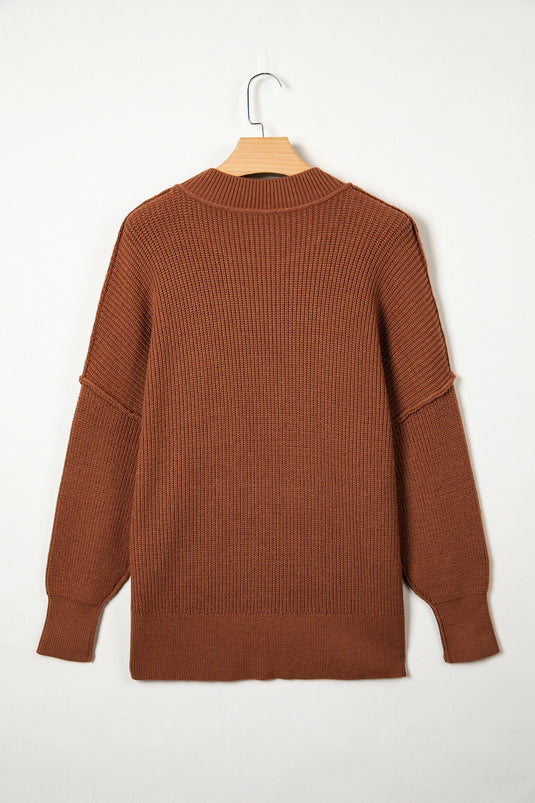 DLLS737 - Ladies Chestnut Long Sleeve Ribbed Knit Stand Neck Regular Fit Sweater