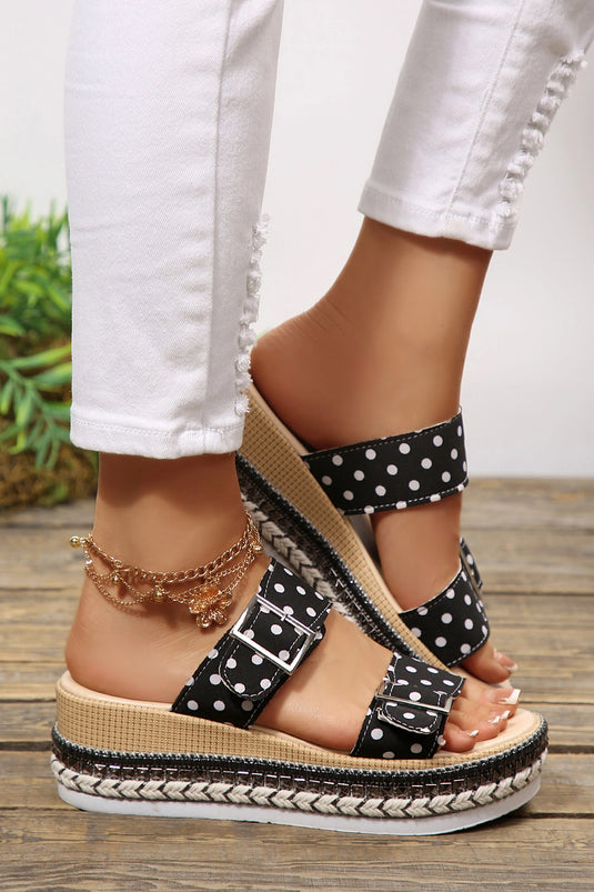 DLLSHOE 174 - Color Black Polka Dot Pattern Double Buckle Straps Platform Slippers
