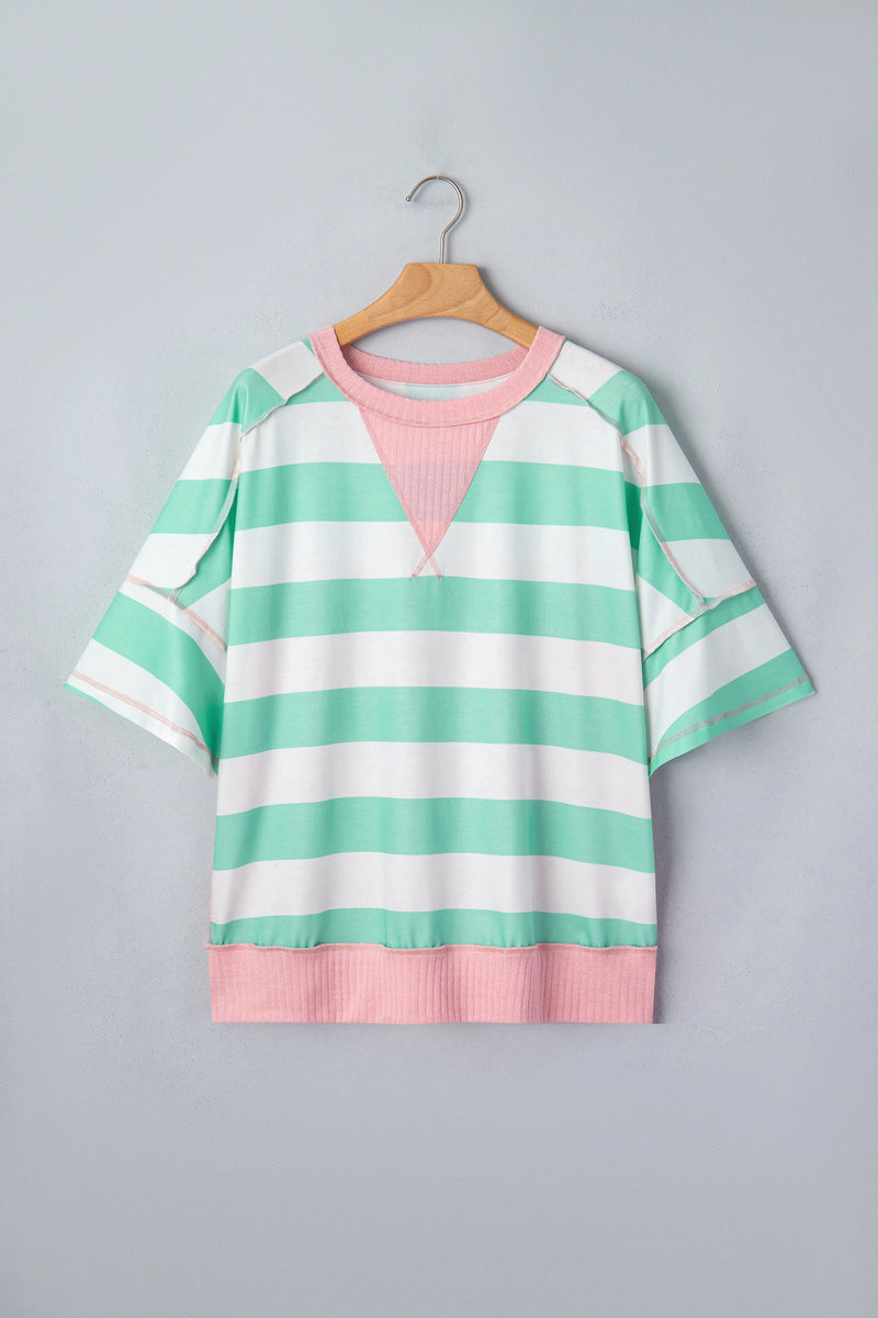 Load image into Gallery viewer, DLLS715 - Ladies Green Stripe Exposed Seam Ribbed Patchwork Oversized Tee
