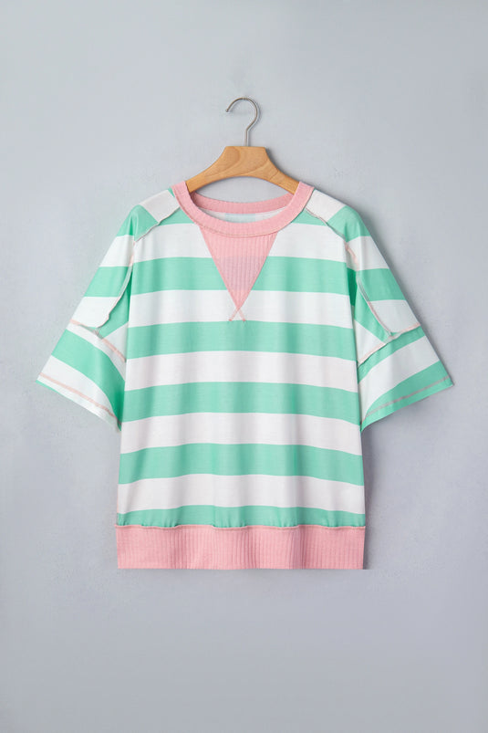 DLLS715 - Ladies Green Stripe Exposed Seam Ribbed Patchwork Oversized Tee
