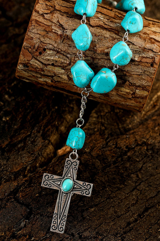 DLLNK 2 - Peacock Blue Turquoise Cross Pendant Necklace