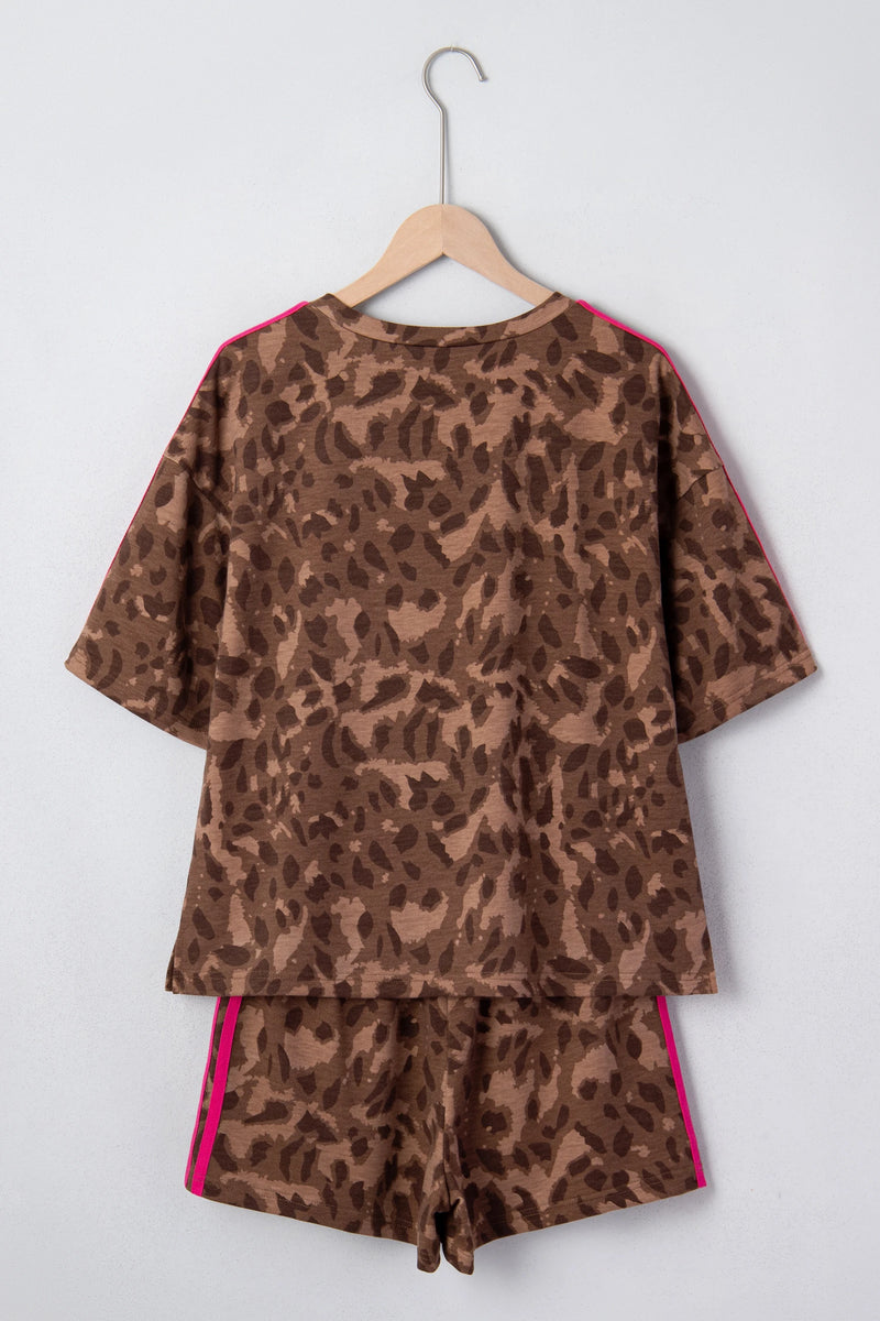 Load image into Gallery viewer, DLLS598 - Ladies Brown Contrast Striped Accent Leopard Short Set
