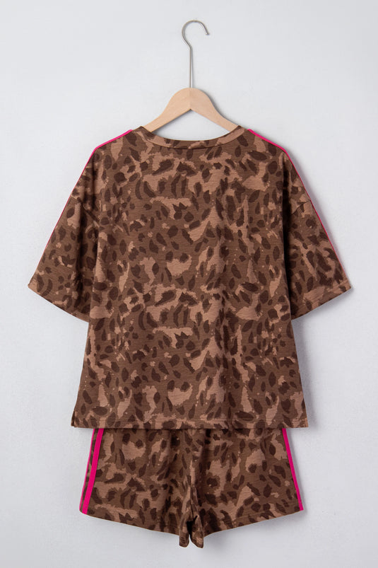 DLLS598 - Ladies Brown Contrast Striped Accent Leopard Short Set