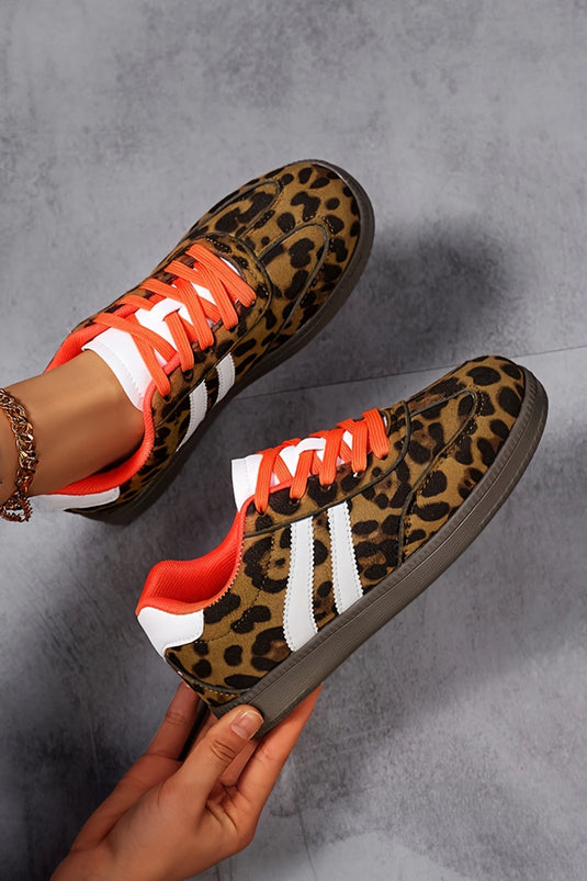 DLLSHOE 50 - Coffee Leopard Faux Suede Color Block Detail Lace-Up Sneakers