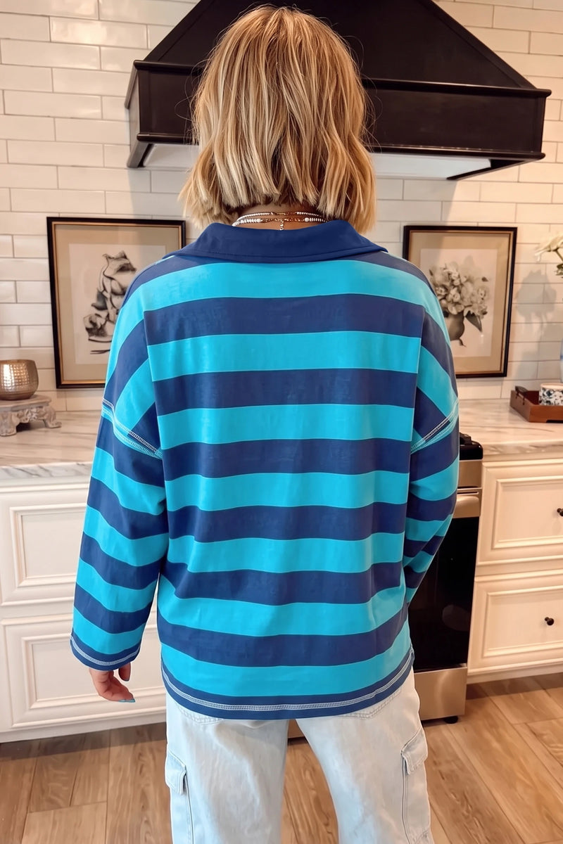 Load image into Gallery viewer, DLLS1152 - Ladies Blue Stripe Contrast Polo Collar Bracelet Sleeve Loose Top
