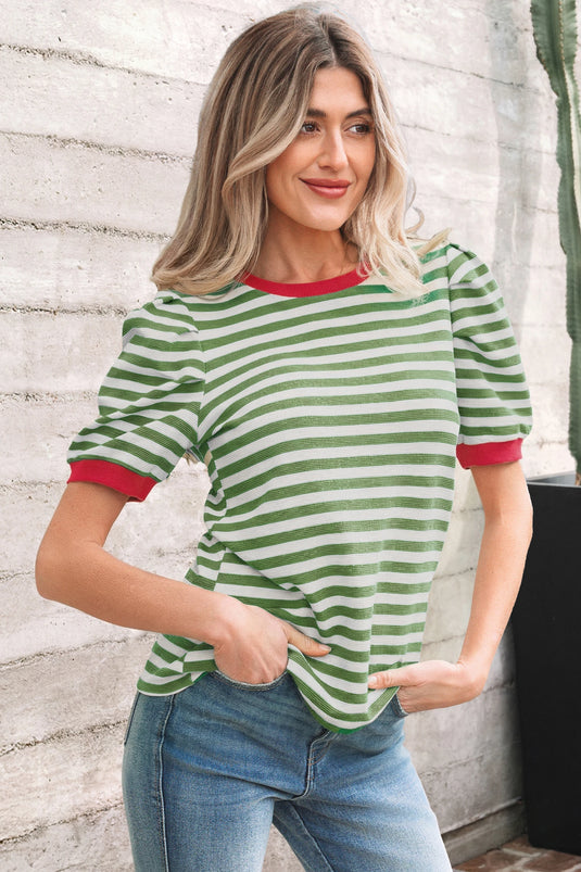 DLLS435 - Ladies Green Stripe Short Puff Sleeve Contrast Trim Round Neck Tee