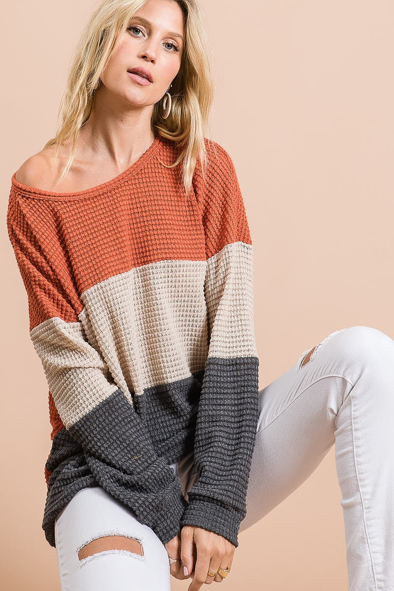 Load image into Gallery viewer, BIBI8- Ladies Color Block Popcorn Waffle Knit Pullover
