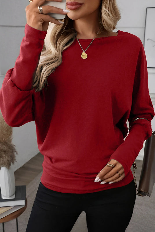 DLLS228 - Ladies Red Dahlia Solid Color Extended Cuffs Long Sleeve Top