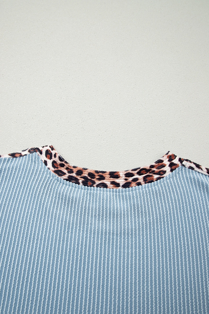 Load image into Gallery viewer, DLLS712 - Ladies Sky Blue Leopard Trim Twist Ribbed Short Set
