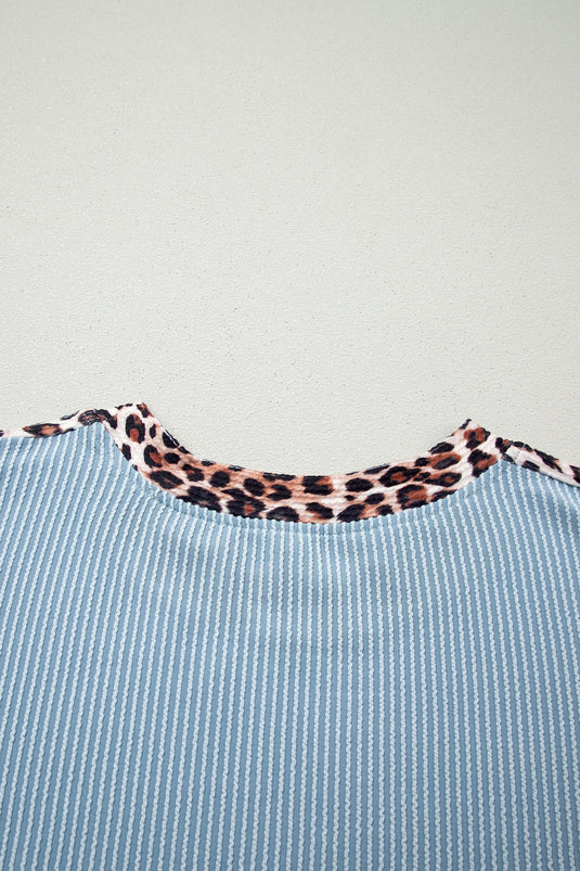 DLLS712 - Ladies Sky Blue Leopard Trim Twist Ribbed Short Set