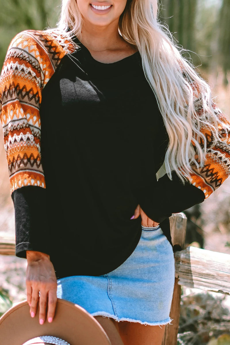Load image into Gallery viewer, DLLS744 - Ladies Orange Geo Print Raglan Patchwork Long Sleeve Tee
