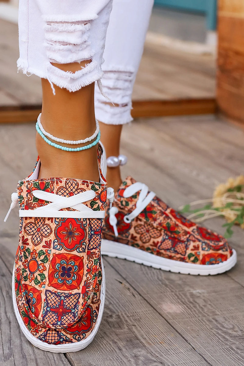 Load image into Gallery viewer, DLLSHOE 190 - Fiery Red Western Printed Lacing Flat Slip On Shoes
