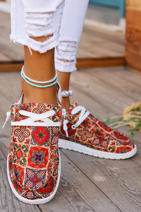 DLLSHOE 190 - Fiery Red Western Printed Lacing Flat Slip On Shoes