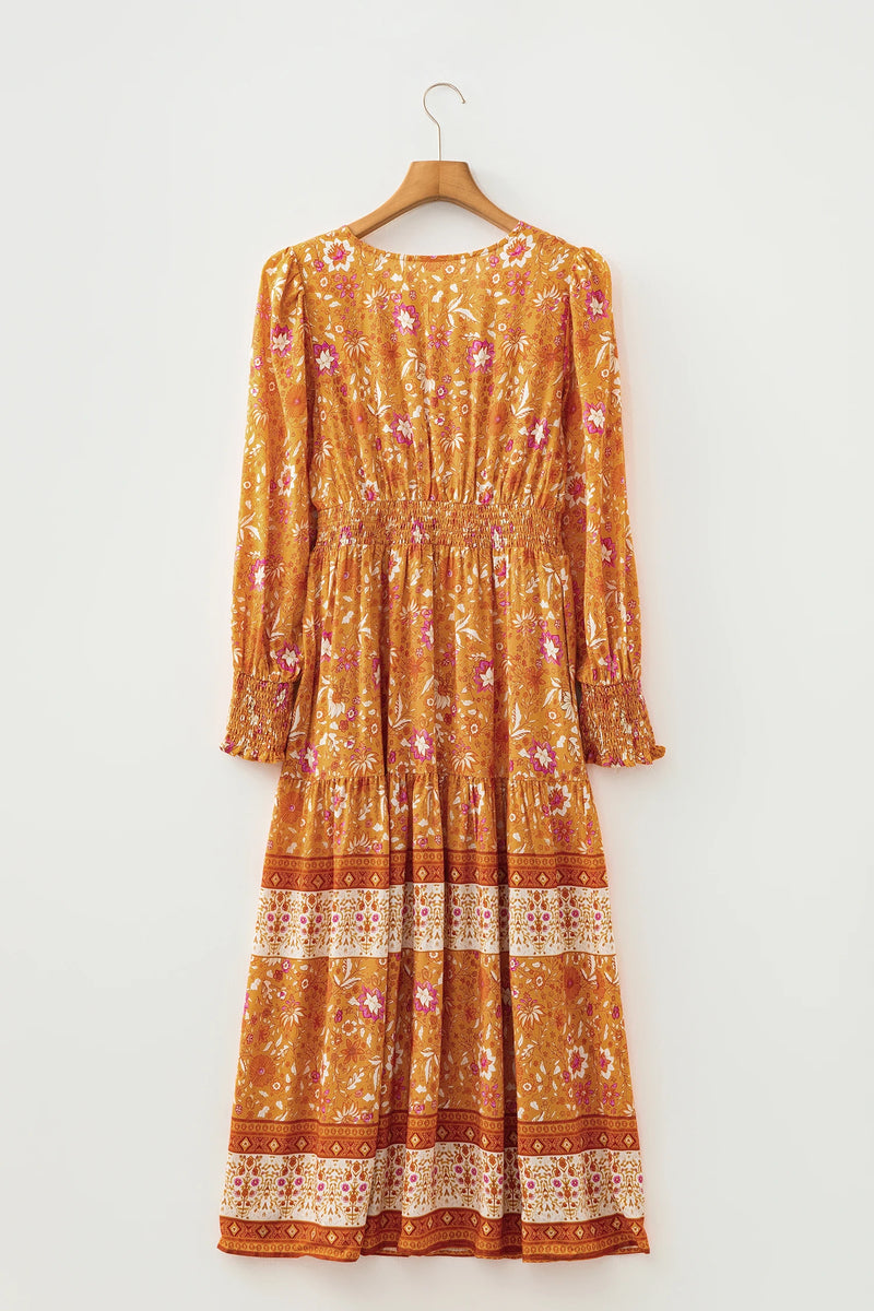 Load image into Gallery viewer, DLLS995 - Ladies Orange Floral Print Smocked Waist Long Sleeve Boho Maxi Dress
