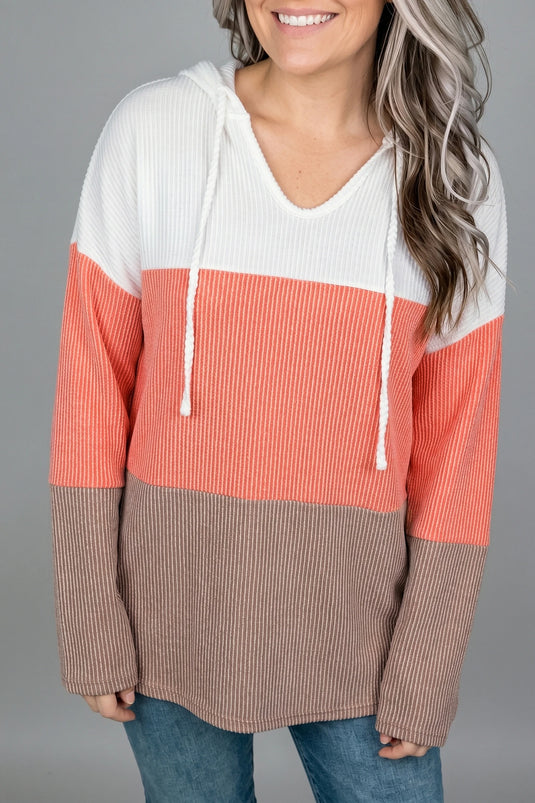 DLLS717 - Ladies Gold Flame Ribbed Colorblock Hooded Pullover Long Sleeve Top