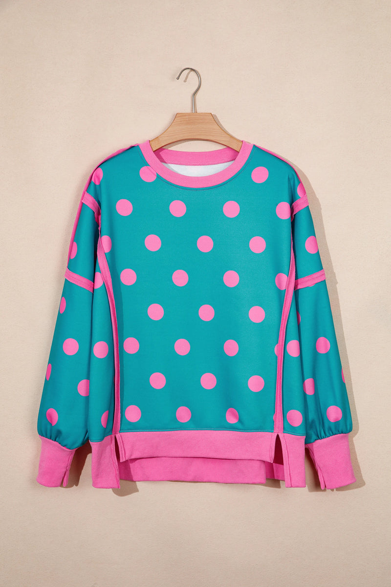 Load image into Gallery viewer, DLLS1056 - Ladies Blue Polka Dot Contrast Patchwork Round Neck Baggy Sweatshirt
