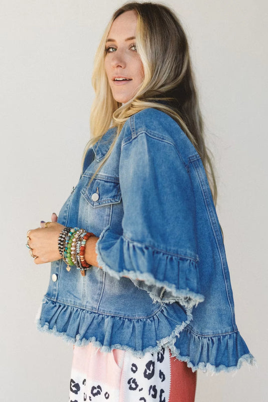 DLLS649 - Ladies Blue Ruffle Hem Denim Jacket Half Sleeve Western Style