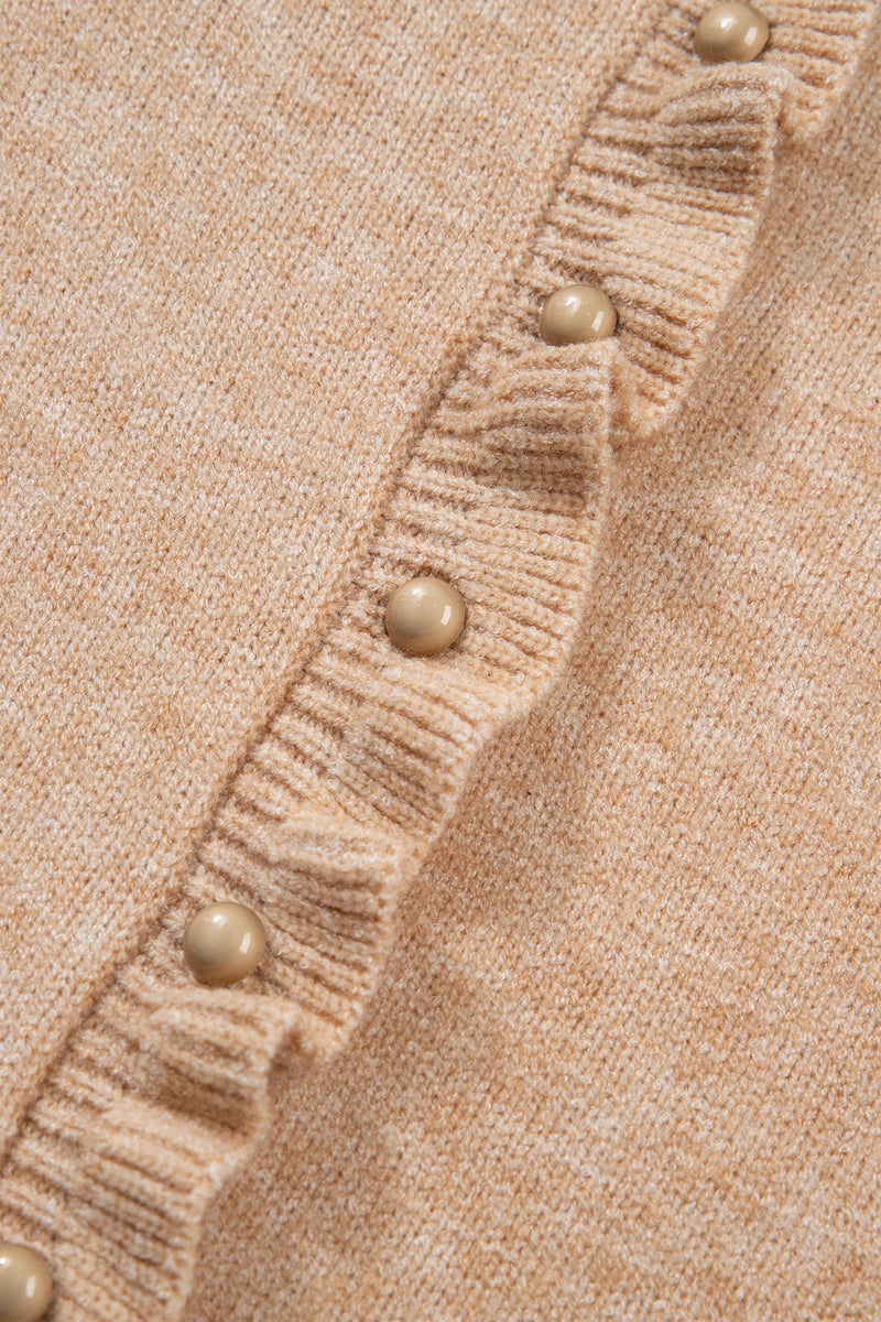 Load image into Gallery viewer, DLLS403 - Ladies Oatmeal Ruffle Trim Gold Button Sweater Cardigan
