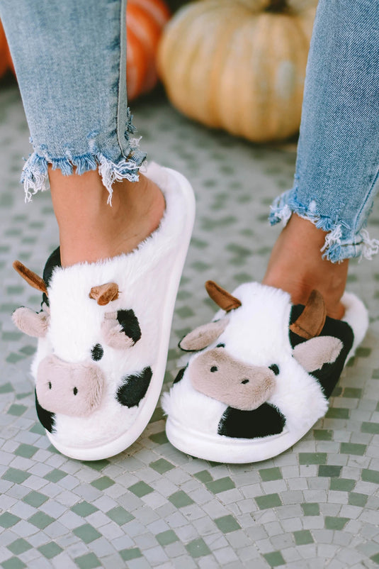 DLLSHOE 127 - White Cartoon Animal Cow Plush Slippers