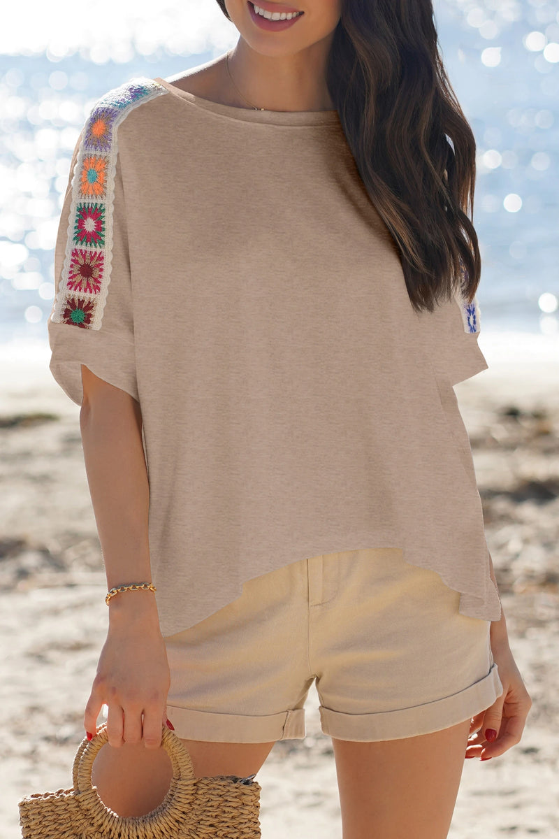 Load image into Gallery viewer, DLLS543 - Ladies Parchment Granny Square Crochet Detail Loose T Shirt
