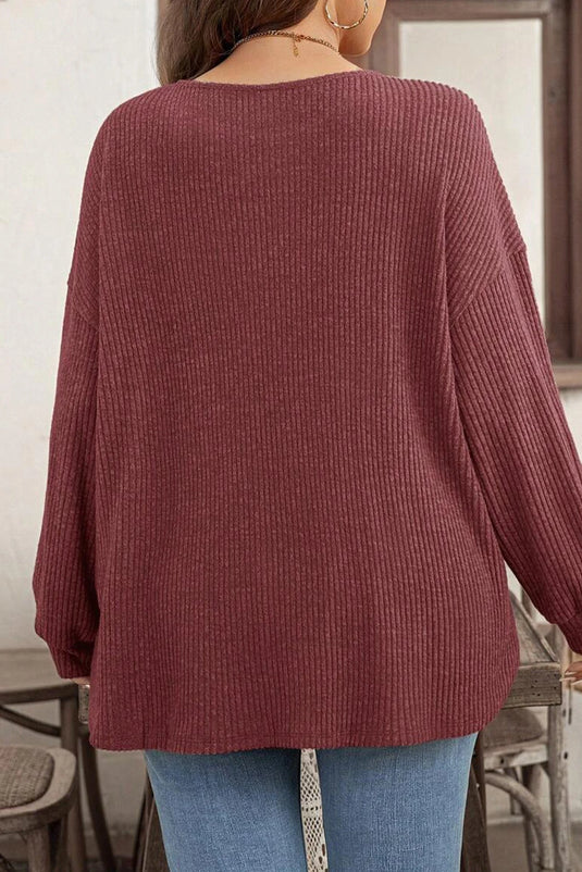 DLLS238 - Ladies Wild Ginger Plus Size Ribbed Button Decor Long Sleeve Loose Top