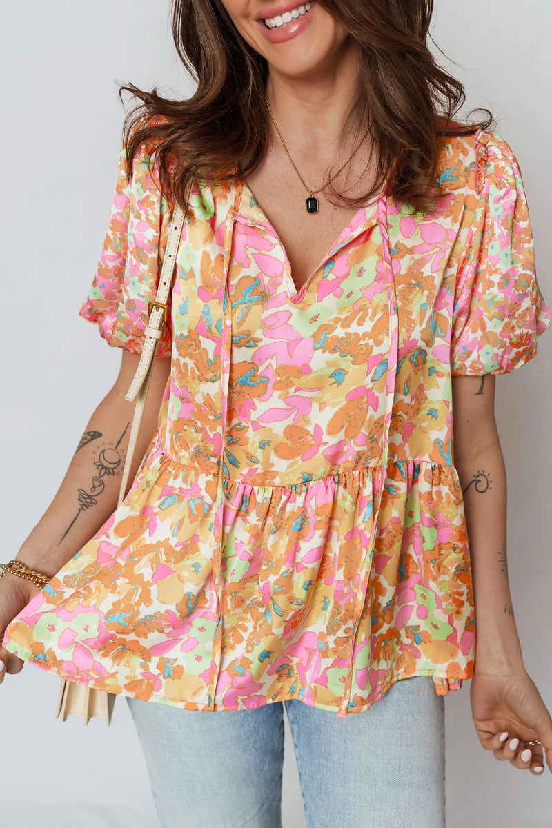 Load image into Gallery viewer, DLLS365 - Ladies Orange Split V Neck Short Sleeve Flower Blouse

