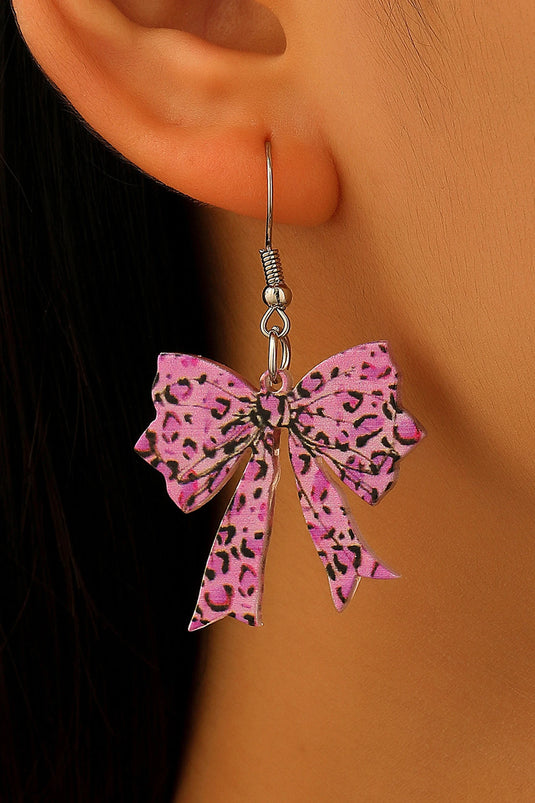DLLER 25 - Bright Pink Stylish Leopard Printed Bow Stainless Hook Earrings