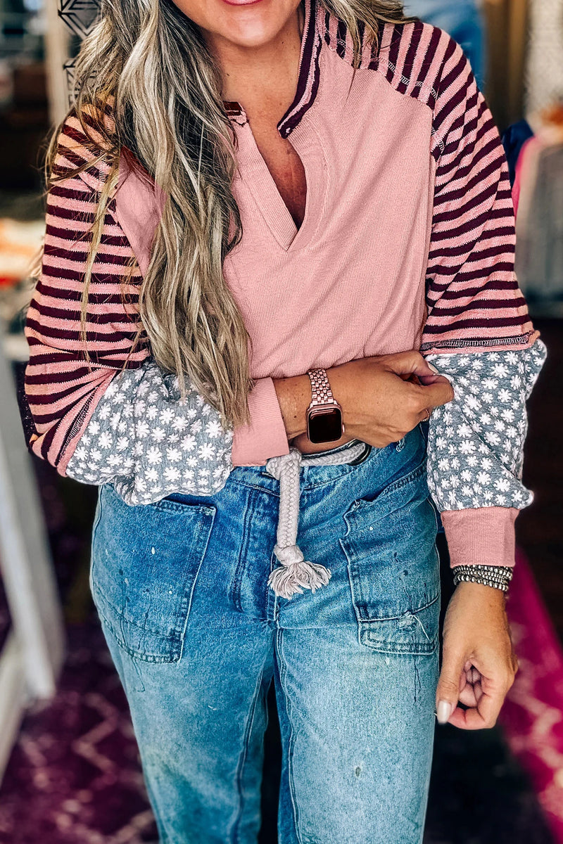 Load image into Gallery viewer, DLLS684 - Ladies Light Pink V-Neck Long Sleeve Tunic with Striped &amp; Floral Contrast Sleeves
