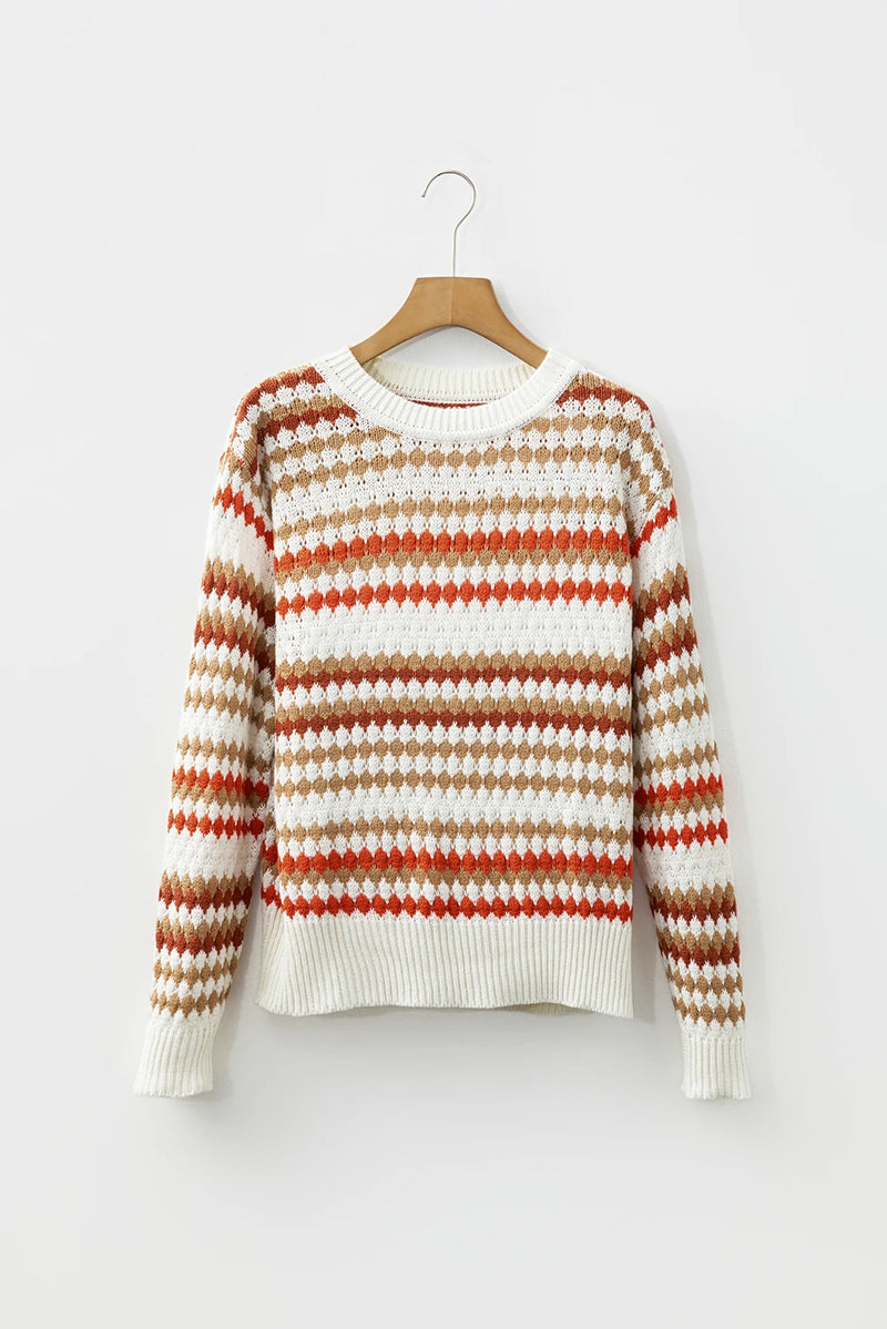 Load image into Gallery viewer, DLLS300 - Ladies Brown Stripe Eyelet Patterned Drop Shoulder Sweater
