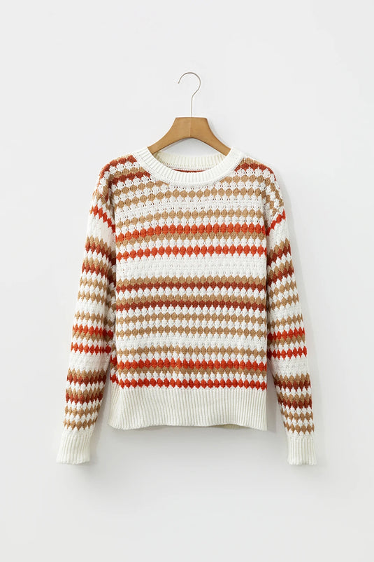 DLLS300 - Ladies Brown Stripe Eyelet Patterned Drop Shoulder Sweater