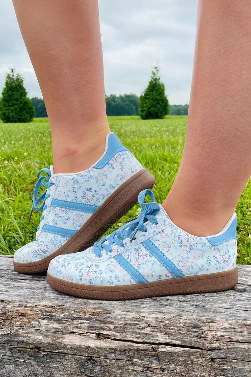 Load image into Gallery viewer, DLLSHOE 49 - Light Blue Floral Print Lace-Up PU Leather Flat Shoes
