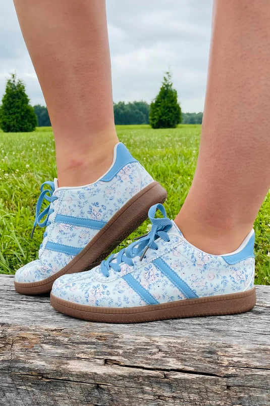 DLLSHOE 49 - Light Blue Floral Print Lace-Up PU Leather Flat Shoes