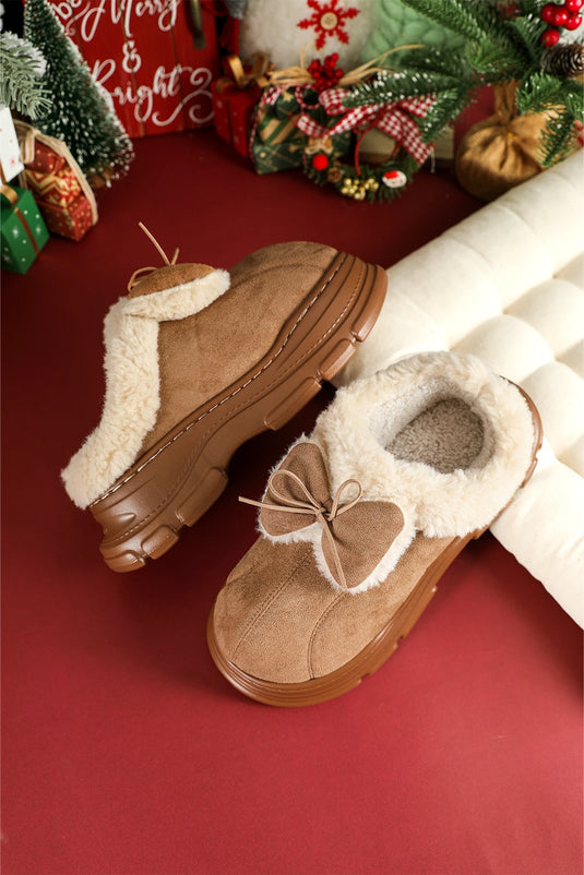 DLLSHOE 131 - Straw Yellow Cozy Faux Fur Lined Bow Decor Clog Slippers